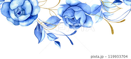seamless border of watercolor blue rose flowers with gold leaves. blue roses, vintage frame 119933704