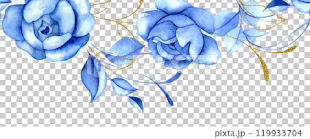 seamless border of watercolor blue rose flowers with gold leaves. blue roses, vintage frame 119933704