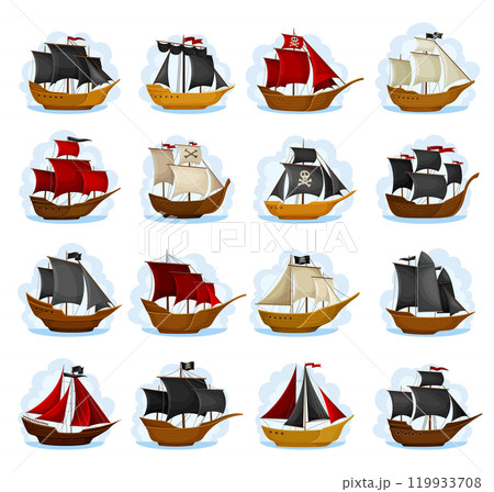 Pirate Ship with Black and Red Sails and Wooden Deck Vector Set 119933708