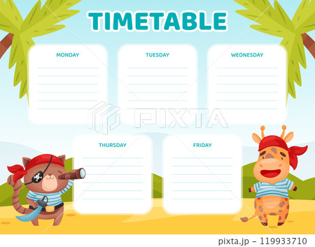 Cute Animal Pirate and Sea Robber School Timetable Vector Template 119933710