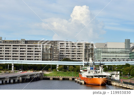 青海ふ頭公園を走るゆりかもめ 119933830