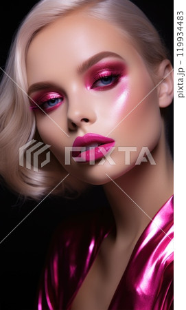 Blonde woman face with pink makeup. A girl with magenta make-up. Bright metallic eyeshadows and lipstick. 119934483