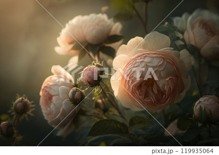 Beautiful lush roses close-up. Flowering bush in the garden. Peony roses are soft pink. Generative AI Beautiful lush roses close-up. Flowering bush in the garden. Peony roses are soft pink. Generative AI 119935064
