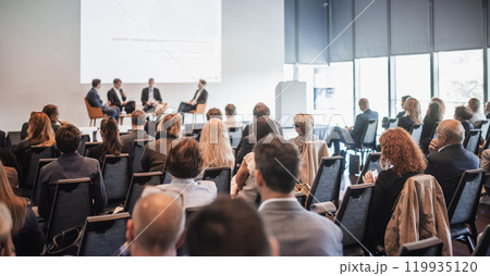 Interview and round table discussion at business convention and presentation. Audience at the conference hall. Business and entrepreneurship symposium. 119935120