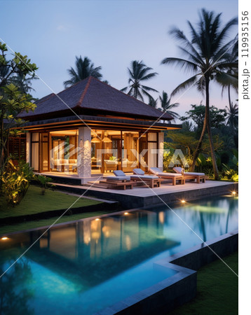 A modern house concept with a swimming pool  119935156