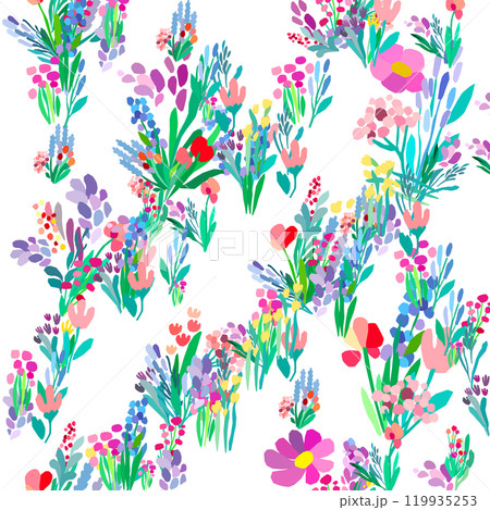 Seamless pattern of colorful flowers and leaves on a white background. Floral textile print. Vector wildflowers 119935253