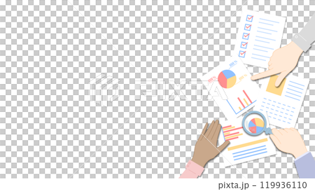 資料をチェックする様々な人の手のイラスト 書類の色はカラフル 右側バージョン 資料をチェックする様々な人の手のイラスト 書類の色はカラフル 右側バージョン 119936110
