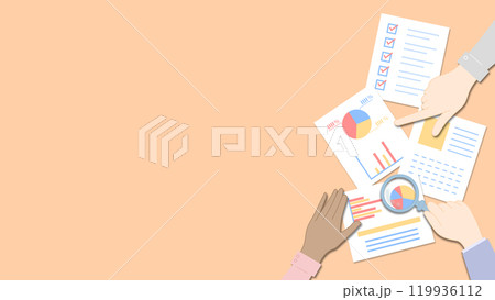 資料をチェックする様々な人の手のイラスト　書類の色はカラフル　右側バージョン 119936112