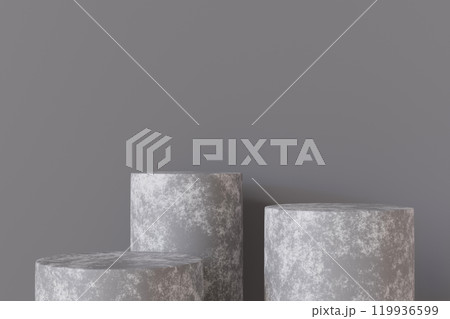 Minimalistic concrete podiums group on gray background. Mock up for product presentation. Pedestal or platform. Empty scene. Stage, display, showcase. Copy space. Advertising, merchandise. 3D render. Minimalistic concrete podiums group on gray background. Mock up for product presentation. Pedestal or platform. Empty scene. Stage, display, showcase. Copy space. Advertising, merchandise. 3D render. 119936599