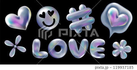 3d holographic retro 90 stickers set. Chrome Heart, Like, Flower, Smile in Y2K style with love text isolated on black. Future galaxy aesthetic, 3D chrome bubble art. Metal glossy sticker set. 119937185