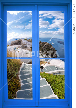Oia village with stairway through blue window on Santorini island in Greece 119937374