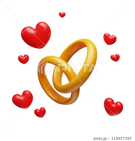 Two gold rings and red hearts around. Two gold rings and red hearts around. 119937397