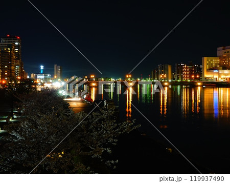 新潟県新潟市 夜桜と萬代橋の風景より 新潟県新潟市 夜桜と萬代橋の風景より 119937490