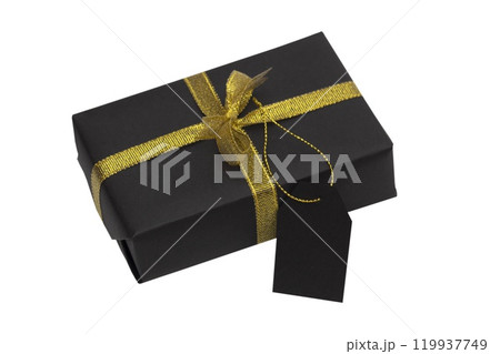 Black gift box with gold ribbon and tag isolated on white background. Black gift box with gold ribbon and tag isolated on white background. 119937749