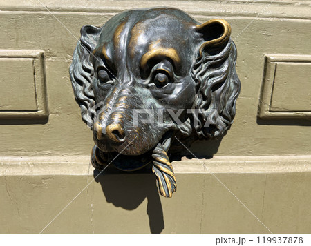 Antique door handle in the shape of a dog's head 119937878