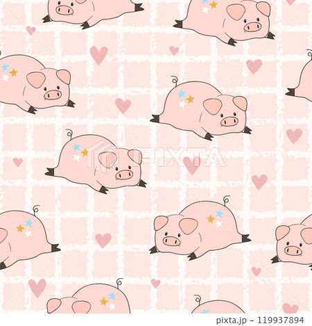 Seamless pattern with cute cartoon pigs and hearts 119937894