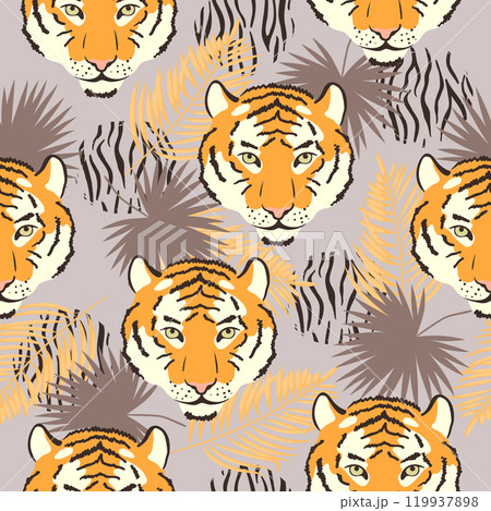 Vector seamless tropical pattern with tiger heads and palm leaves 119937898
