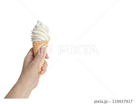 Ice cream in hand, summer dessert cone ice cream. Ice cream in hand, summer dessert cone ice cream. 119937917