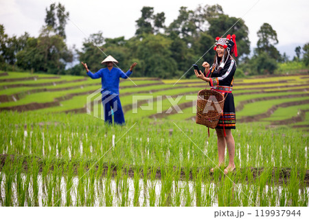 Young hmong woman in traditional ethnic attire using smartphone in lush rice paddy field with farmer in background 119937944