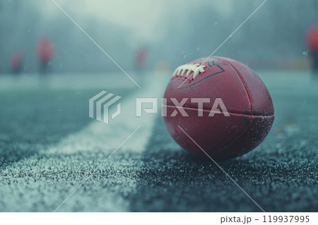 American football resting on a first down line during an American football game American football resting on a first down line during an American football game 119937995
