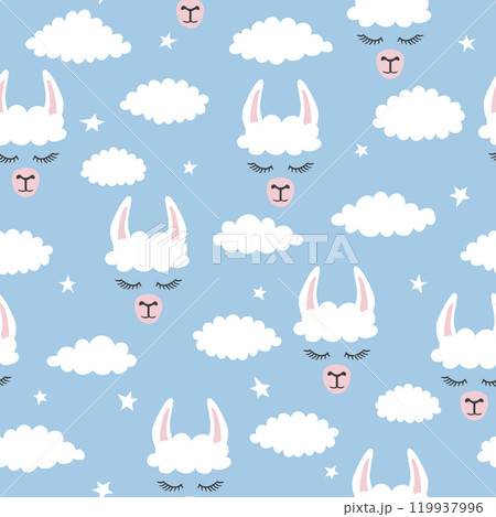 Seamless lama pattern. Vector blue background with alpaca and clouds 119937996