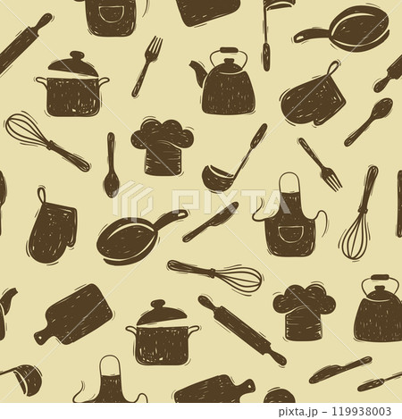 Seamless pattern with doodle kitchen utensils 119938003