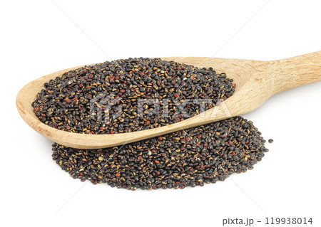 black quinoa in wooden spoon isolated on white background 119938014