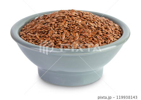 flaxseed in ceramic bowl isolated on white background. Top view. Flat lay flaxseed in ceramic bowl isolated on white background. Top view. Flat lay 119938143