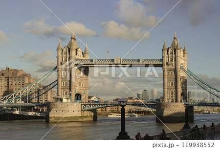 Iconic Tower Bridge. Viewed from south side of River Thames, Famous Tower Bridge in London city. 119938552