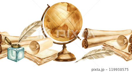watercolor vintage antique globe of earth, seamless border with textured beige paper map, feather quill and glass inkwell, illustration parchments with navigation and study tools watercolor vintage antique globe of earth, seamless border with textured beige paper map, feather quill and glass inkwell, illustration parchments with navigation and study tools 119938575