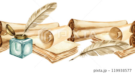 seamless border with feather quill dip pen and vintage green glass inkwell, stack of old brown paper, aged scrolled papyrus, watercolor illustration of historical theme, antique devices for writing seamless border with feather quill dip pen and vintage green glass inkwell, stack of old brown paper, aged scrolled papyrus, watercolor illustration of historical theme, antique devices for writing 119938577