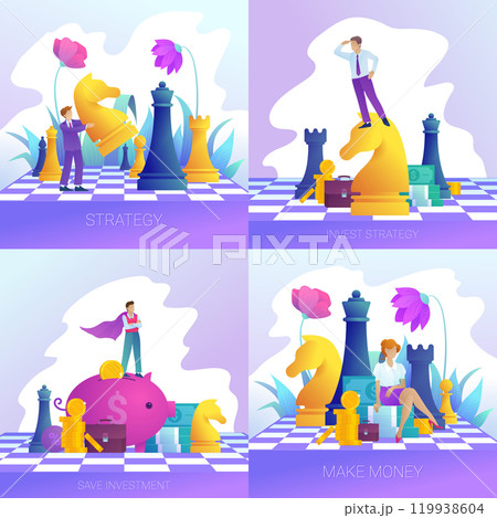 Concept of save investment, finance management and strategy. Set of flat business design. Poster or banner with people in trendy style and flower. Characters with chess figures. Vector illustration Concept of save investment, finance management and strategy. Set of flat business design. Poster or banner with people in trendy style and flower. Characters with chess figures. Vector illustration 119938604