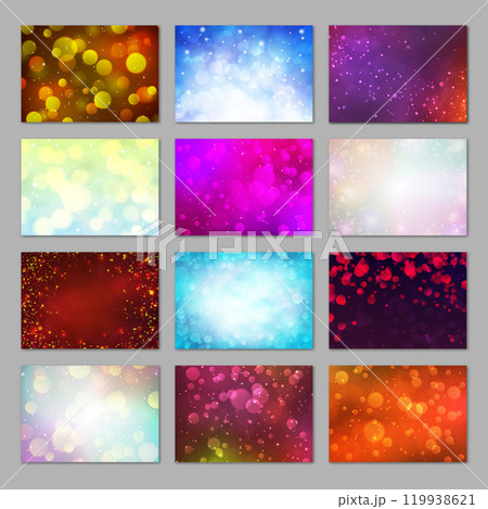 Magic colorful blurred backgrounds set with bokeh lights. Sunny day, city night, winter sky concepts. Bright glitter lights backdrops. Abstract soft light defocused wallpapers vector illustration. 119938621