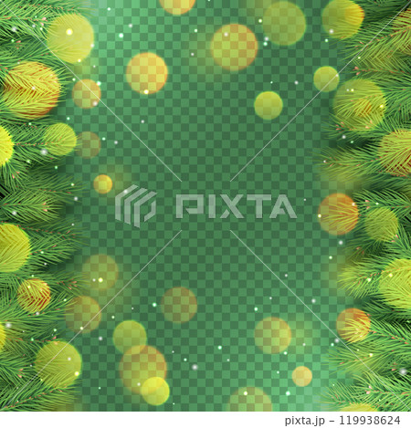 Traditional winter banner with christmas tree branches and glitter lights. Merry Christmas party invitation layout. Realistic evergreen conifer branches on transparent background vector illustration. 119938624