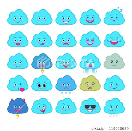 Funny blue cloud emoticons set. Snow, rain, thunder and lightning emoji symbols. Social communication and weather widget signs. Adorable faces with various emotions. Weather forecast vector elements. Funny blue cloud emoticons set. Snow, rain, thunder and lightning emoji symbols. Social communication and weather widget signs. Adorable faces with various emotions. Weather forecast vector elements. 119938629
