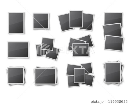 Realistic blank snapshot frames set. Pile of photo frames isolated on white. Mockup artwork or picture art gallery design. Frameworks collection on memory wall. Interior decoration vector element 119938633