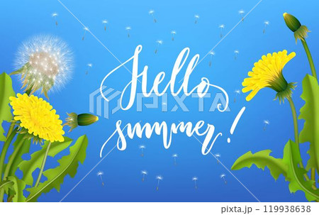 Dandelion seed background lettering. Banner with hello summer lettering. Invitation card on white with flying parachutes. Spring vector illustration 119938638