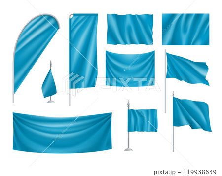 Blue rectangular flags set isolated on white background. Realistic wavy flag on pole, expo banner, drop and desk flag mockups. Product branding, company corporate identity vector illustration. 119938639
