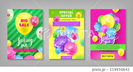 Banner, spring sale discount, colorful background. invitational flyer for seasonal sell-out lasting week. Vector illustration of auction of incredible generosity Banner, spring sale discount, colorful background. invitational flyer for seasonal sell-out lasting week. Vector illustration of auction of incredible generosity 119938642