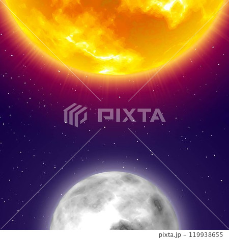 Half moon and sun, night sky background, vertical card, cartoon style. Two celestial bodies of solar system in space. Vector illustration on cosmos theme Half moon and sun, night sky background, vertical card, cartoon style. Two celestial bodies of solar system in space. Vector illustration on cosmos theme 119938655