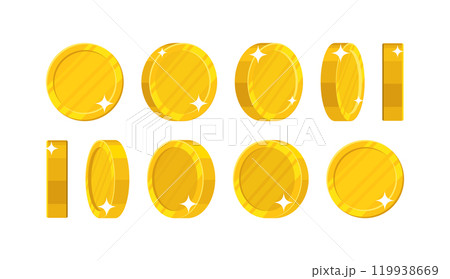 Golden coins in different positions. Balance profit, income statement and cash flow statement. Cartoon vector illustration on white background 119938669