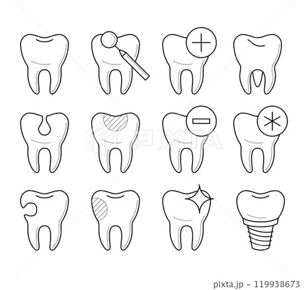 Set of teeth in different conditions, healthy, damaged, clean, with cavity, sensitive, pin, educational poster for clinic, professional stomatology pictogram, health concept. Vector illustration Set of teeth in different conditions, healthy, damaged, clean, with cavity, sensitive, pin, educational poster for clinic, professional stomatology pictogram, health concept. Vector illustration 119938673