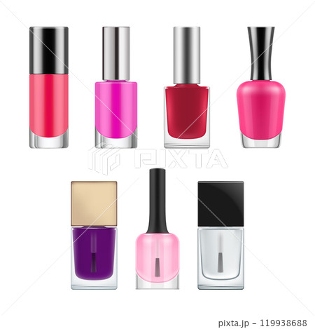 Set of realistic vector packages for nail polish. Opened transparent glass bottles with black cap and brush. Blank template of container with red and pink varnish. illustration Isolated on white 119938688