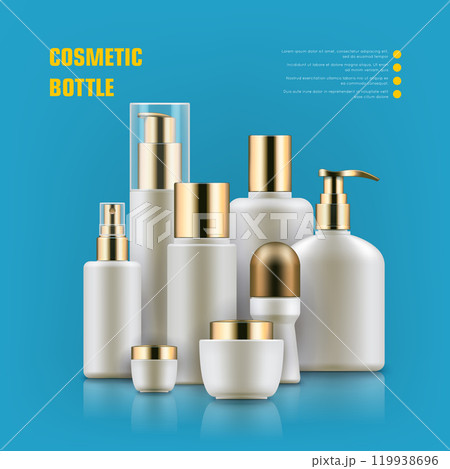 Realistic cocmetic mockup. Package with golden caps for anti-aging creams, cleansers, moisturizers set. Luxury beauty and health concept. Realistic vector illustration on light blue background 119938696