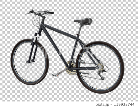 Black bicycle, side back view. Black leather saddle and handles. Png clipart isolated on transparent background 119938744