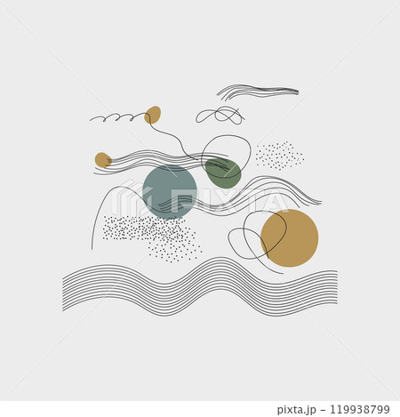 Abstraction with waves and circles. Abstract composition with smooth waves and circles in harmony of warm and cold shades. 119938799