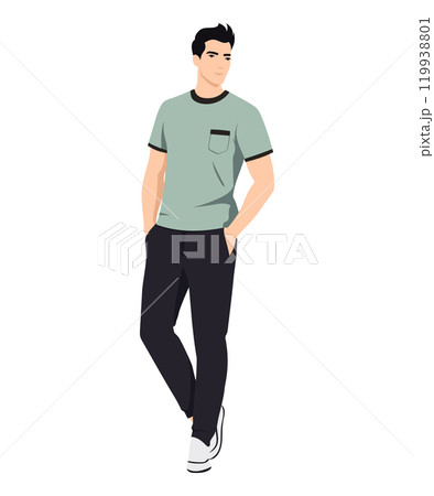 Vector illustration on a white background. A man in a light green T-shirt and dark trousers, embodying freshness and lightness. Ideal for everyday affairs and meetings. 119938801