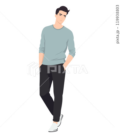Vector illustration on a white background. A man in a dark blue T-shirt and black trousers, emphasizing his sportiness and active lifestyle. 119938803