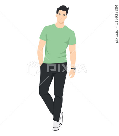 Vector illustration on white background. Man in bright green T-shirt and black pants creating fresh and energetic image. 119938804