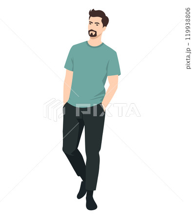 Vector illustration on a white background. A man in a light blue shirt and dark trousers, emphasizing style and sophistication. 119938806